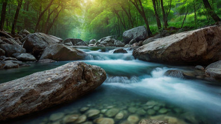 Mountain river flowing through the green forest. Natural landscape background.