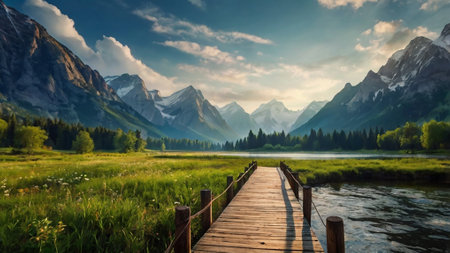 Beautiful summer landscape with mountain lake and wooden boardwalk in mountainsの写真素材