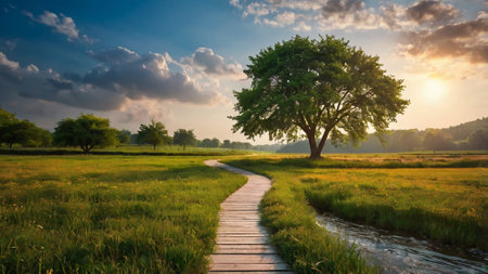 Beautiful summer landscape with a green meadow and a lonely treeの写真素材