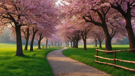 Cherry blossoms in full bloom in a park in springtimeの写真素材