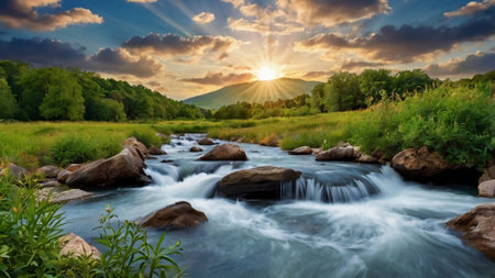 Beautiful summer landscape with mountain river and green forest at sunset.の写真素材