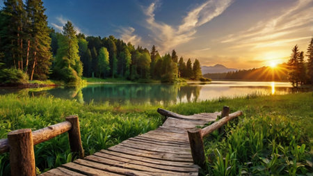 Wooden bridge on the lake at sunset. Beautiful summer landscape.