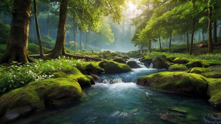 Summer forest landscape with mountain river and green mossy rocks. Beautiful natural backgroundの写真素材