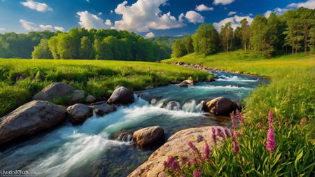 Beautiful summer landscape with a mountain river and a green meadow.