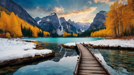 Beautiful winter landscape with mountain lake and wooden pier at sunrise.の写真素材