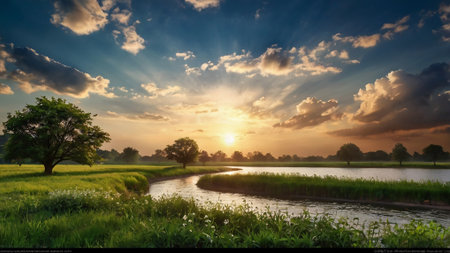 Sunset in the countryside. Beautiful sky with clouds and river.