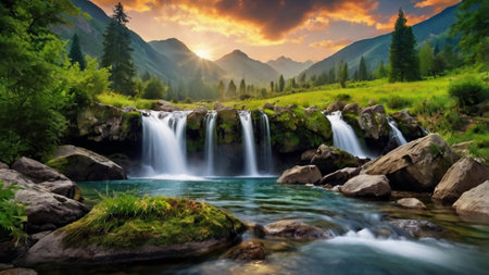 Beautiful waterfall in the mountains at sunset, panoramic viewの写真素材