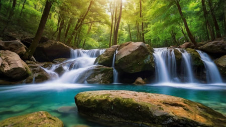 Waterfall in deep forest at Erawan waterfall National Park, Kanchanaburi, Thailand