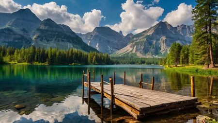 Wooden pier on the lake in Dolomites mountains, Italyの写真素材