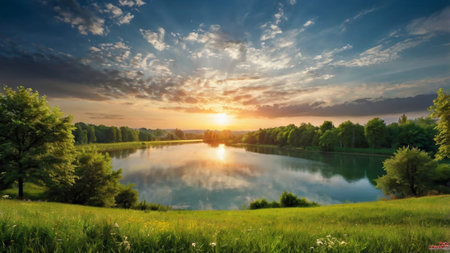 Beautiful summer landscape with a lake at sunset. Ukraine, Europe.の写真素材