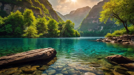Beautiful mountain lake with clear turquoise water and green forest.
