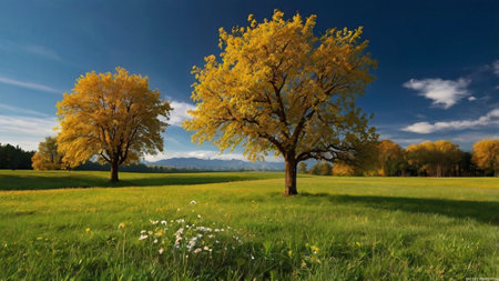 Autumn landscape with yellow trees on a meadow and blue skyの写真素材