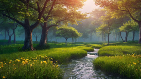 Beautiful summer landscape with a small stream among the trees and grassの写真素材