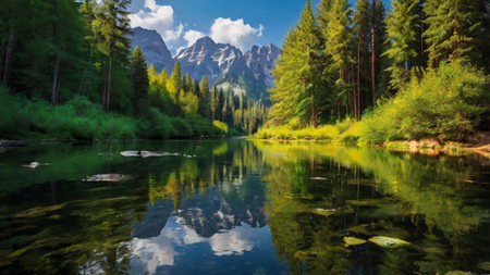 Reflection of the mountains in the water of a mountain lake.