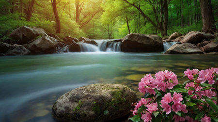 Azalea flowers and waterfall in the forest. Spring landscape.の写真素材