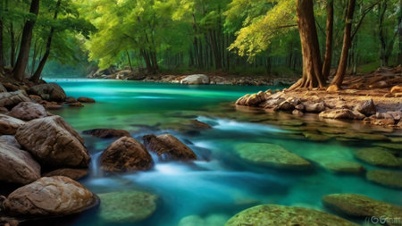 Beautiful landscape of emerald green forest and mountain river in summer