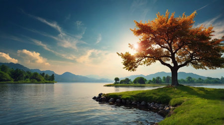 Lonely tree on the lake at sunset. Nature background.