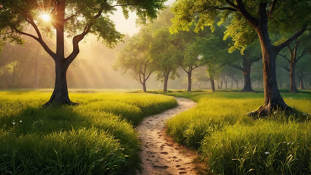 Morning in the rice field. The sun shines through the trees.