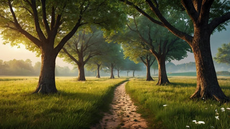 Sunrise in the morning at the summer meadow. 3d renderingの写真素材