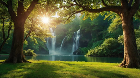 Beautiful waterfall in the forest at sunset. Landscape with a waterfall and green grass.の写真素材