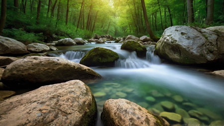 beautiful mountain river with stones in green forest, nature series.