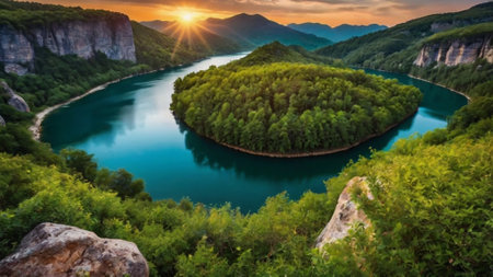 Panoramic view of a lake in the mountains at sunset.の写真素材