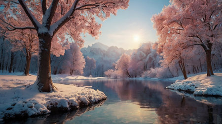 Beautiful winter landscape with snow covered trees and river at sunset.の写真素材
