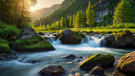 Beautiful mountain river on the background of the setting sun and green forest.の写真素材
