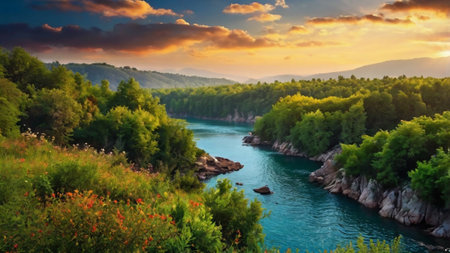 Beautiful summer landscape with the river and mountains. Ukraine, Europe.の写真素材