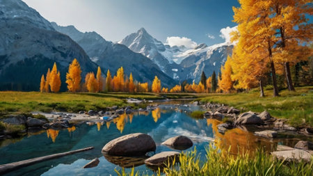 panoramic view of autumn alpine landscape with snow mountain and lakeの写真素材