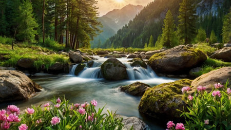 Beautiful spring landscape with a mountain river and flowers in the foregroundの写真素材