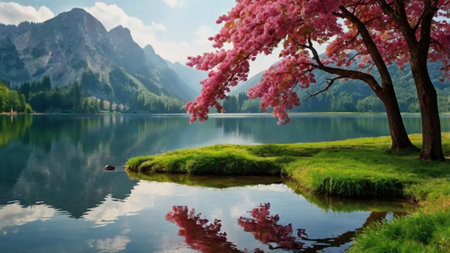 Beautiful spring landscape with blooming sakura tree over lake.の写真素材