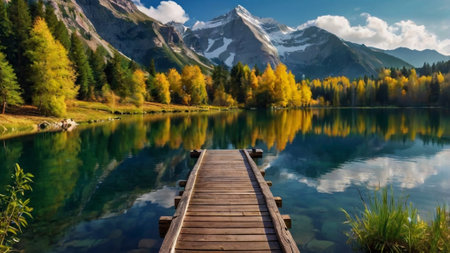 Autumn alpine lake with wooden pier and reflection of mountains in waterの写真素材