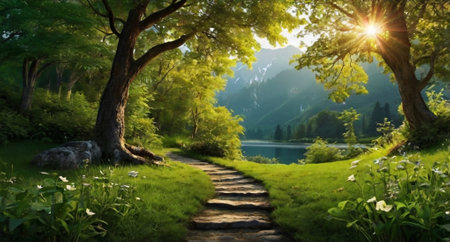 Beautiful view of the lake in the mountains. Summer landscape.