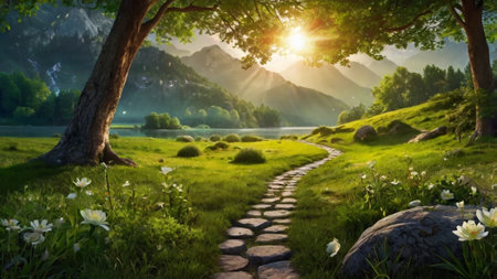 Beautiful summer landscape with a path leading to the lake in the mountains
