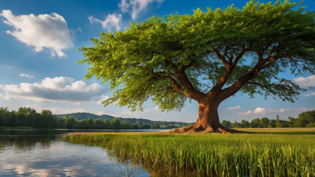 Big tree on the lake and blue sky with white clouds background.の写真素材