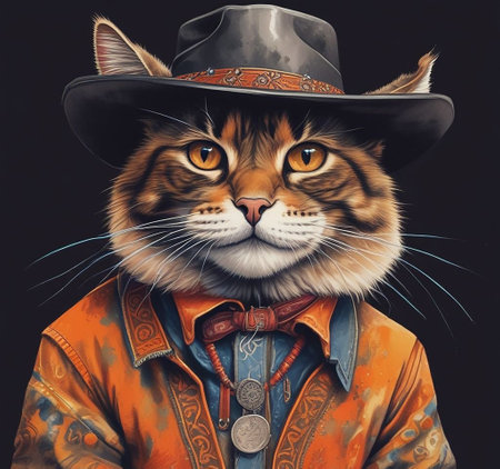 Portrait of a Maine Coon cat in a cowboy hat.の写真素材