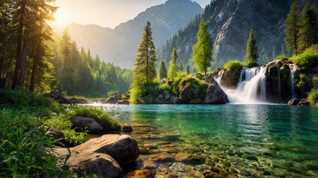 Waterfall in the mountains. Summer landscape. The concept of active and photo tourismの写真素材