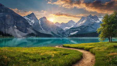 Panoramic view of Lake Louise at sunset, Banff National Park, Alberta, Canadaの写真素材