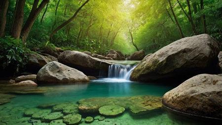 Waterfall in deep forest of thailand,Erawan waterfall