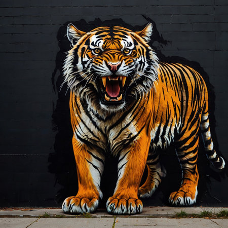Tiger in front of a wall with graffiti. Mural art concept.の写真素材