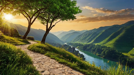 Beautiful summer landscape with river and trees. Panoramic viewの写真素材