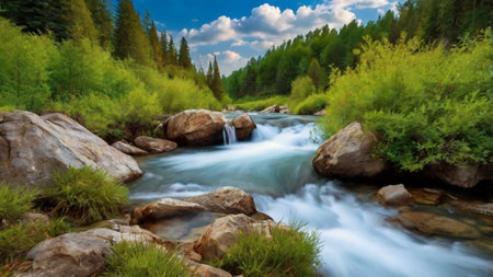 Mountain river in the forest. Mountain landscape with a waterfall.の写真素材
