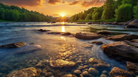 Sunset over the river in the summer. Landscape with the image of a mountain river.
