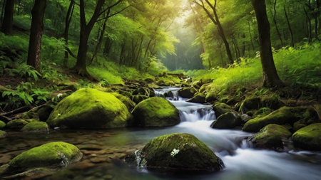 Stream in the green forest. Spring landscape with a mountain river.
