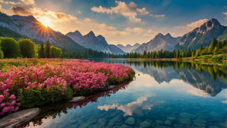 Panoramic view of mountain lake with pink flowers. Dramatic sky. Beauty world.の写真素材