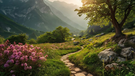 Path in the mountains with a blossoming rhododendronの写真素材