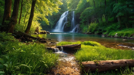 Waterfall in deep forest. Beautiful summer landscape with a waterfall.