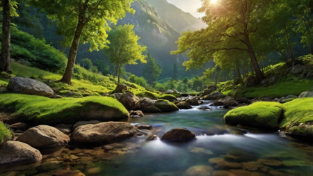 Mountain river in the forest. Beautiful summer landscape in the mountains.
