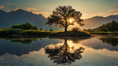 Lonely tree reflected in a lake at sunset with mountains in the background